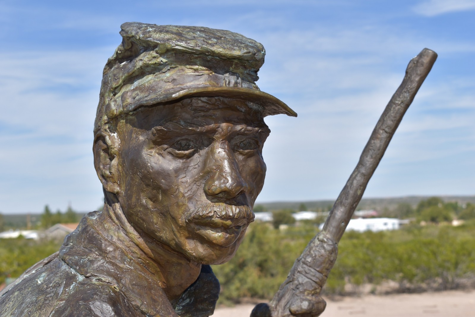The Sentinel, by artist Sonny Rivera, stands as a commemoration to the Buffalo Soldiers that served at Fort Selden and across New Mexico and the American West.