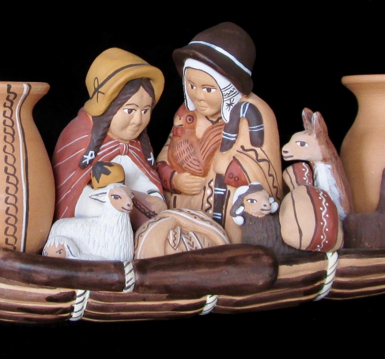 Artist unknown. Peruvian Canoe nacimiento (nativity scene). Painted clay. Collection, Taylor-Mesilla Historic Property.
