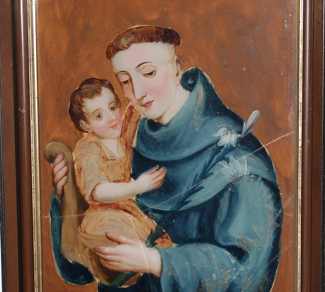 Artist Unknown. San Antonio (St. Anthony) Reverse Glass Painting. ca. late 18th century. Glass, paint, walnut. Collection, Taylor-Mesilla Historic Property.